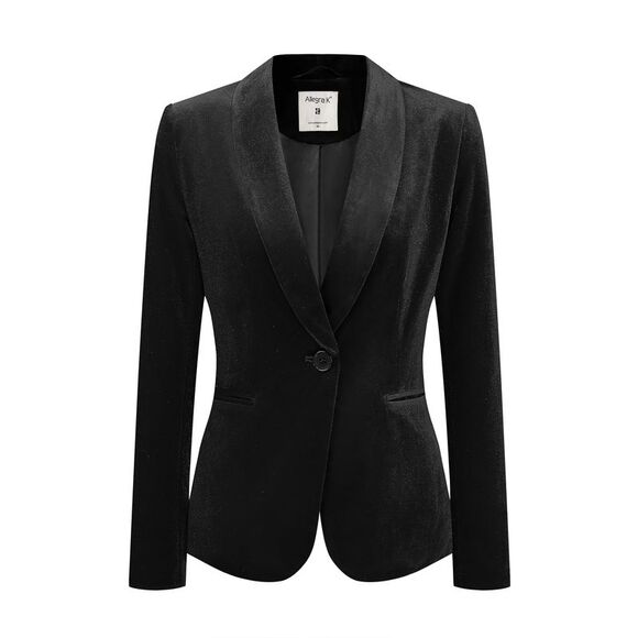 Women's Coat Solid Shawl Collar 1 Button Velvet Blazer Black - Picture 1 of 6